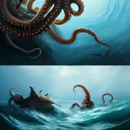 Image similar to a dream fantasy painting of a octopus and a man fight for their life, in the deep of the ocean, by beksinki, antonio j. manzanedo greg rutkowski, carne griffith trending on artstation, deviantart, photorealism