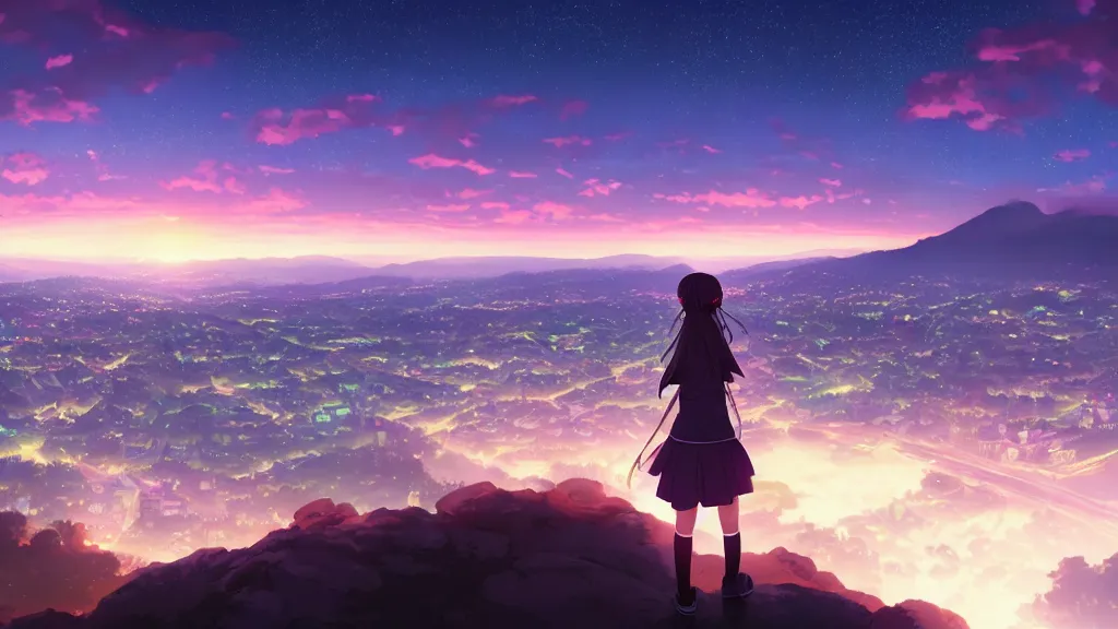 Image similar to a schoolgirl was looking at the city in the distance on the hillside, beautiful and spectacular dusk, sky was half illuminated by the setting sun and half was the beautiful milky way, rich vivid colors, ambient lighting, dynamic lighting, official media, anime key visual, rossdraws, detailed, trending on artstation.