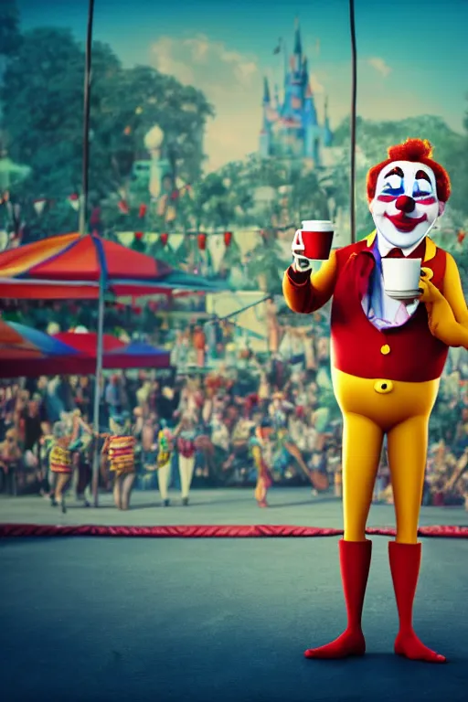 Image similar to portrait of a clown holding a cup of coffee with the circus in background, full body. pixar disney 4 k 3 d render funny animation movie oscar winning trending on artstation and behance