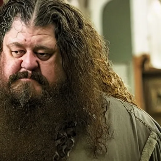 Prompt: a still from harry potter half blood prince depicting hagrid : a man twice as tall as a normal man and at least five times as wide. he looked simply too big and so wild long tangles of bushy black hair and beard hide most of his face, hands the size of trash can lids, and his feet in their leather boots were enormous - n 4