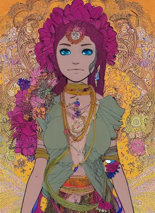 Image similar to beautiful flowerpunk indian cyborg portrait girl female illustration detailed patterns art of hindu traditional dress, flower pop art, floral splash painting, art by geof darrow, ashley wood, alphonse mucha, makoto shinkai