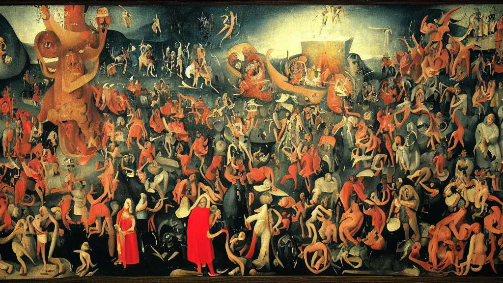 Prompt: A Jeopardy-style retro game show hosted by Satan in a colorful suit, being recorded before a studio audience in the middle of Hell, in the fashion of Hieronymus Bosch, oil on canvas, painting, 4k, wide shot