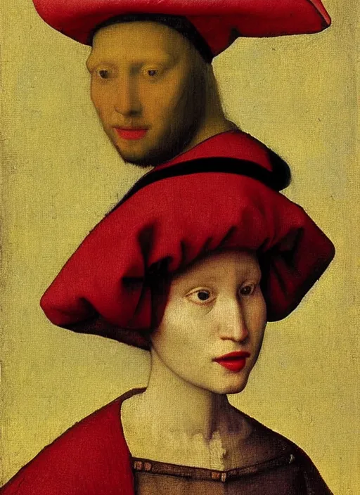 Image similar to red hat, medieval painting by jan van eyck, johannes vermeer