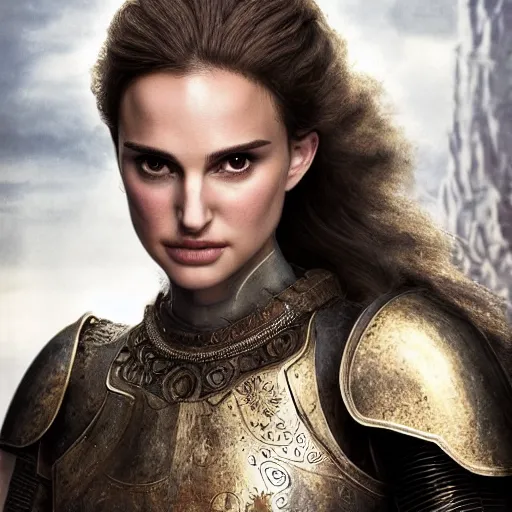 Prompt: head and shoulders portrait of a female knight, young natalie portman, golden etched armor, game of thrones, eldritch, by artgerm, alphonse mucha, silken hair, etched breastplate, sharp focus, high key lighting, vogue fashion photo