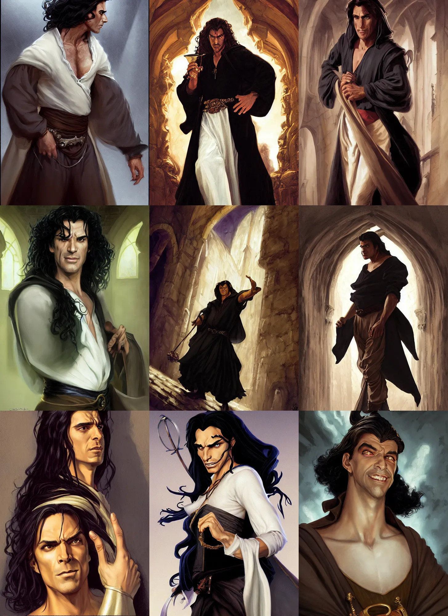 Prompt: a portrait of a male version of esmeralda from hunchback of notre dame, black elegant hair, white shirt, elegant clothing, handsome, medieval garb, style by donato giancola, wayne reynolds, jeff easley dramatic light, high detail, cinematic lighting, artstation, dungeons and dragons