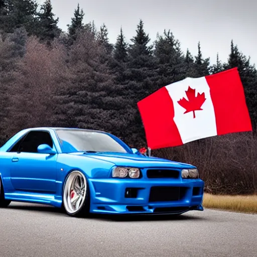 Prompt: electric blue R34 skyline Canadian flag