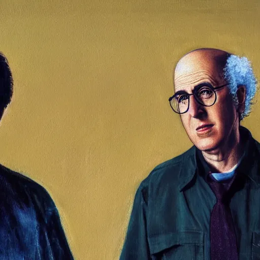 Prompt: Live Action Oil Painting of a Poster of Young Jerry Seinfeld and Larry David in Breaking Bad, real life, hyperrealistic, ultra realistic, realistic, highly detailed, detailed, very detailed, cool, ultra detailed, very realistic, trending on artstation, epic, HD quality, 8k resolution, body and headshot, film still, real, detailed faces, very detailed faces, real life, poster