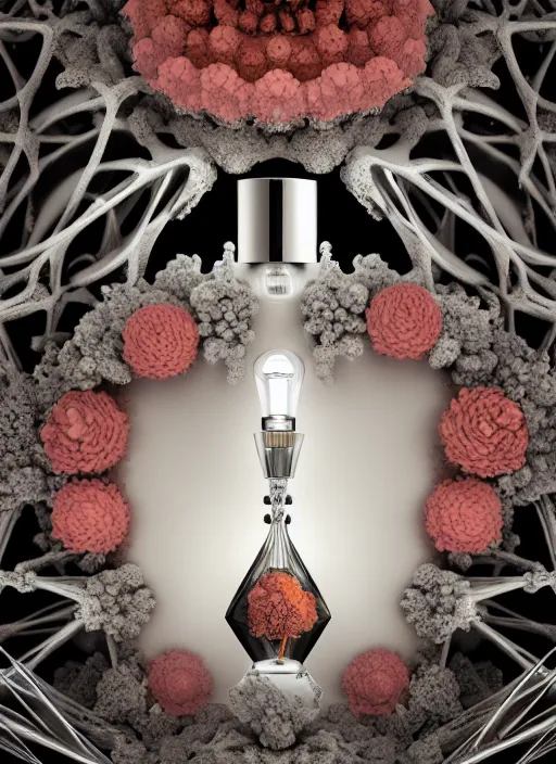 Image similar to perfume bottle standing in the center of a biomechanical black enchanted cave made of corals, daisies, roses in an ivory room well contoured smooth fair walls, up close shot, sharp focus, global illumination, radiant light, alexandre ferra white mecha, irakli nadar, octane highly render, 4 k, ultra hd,