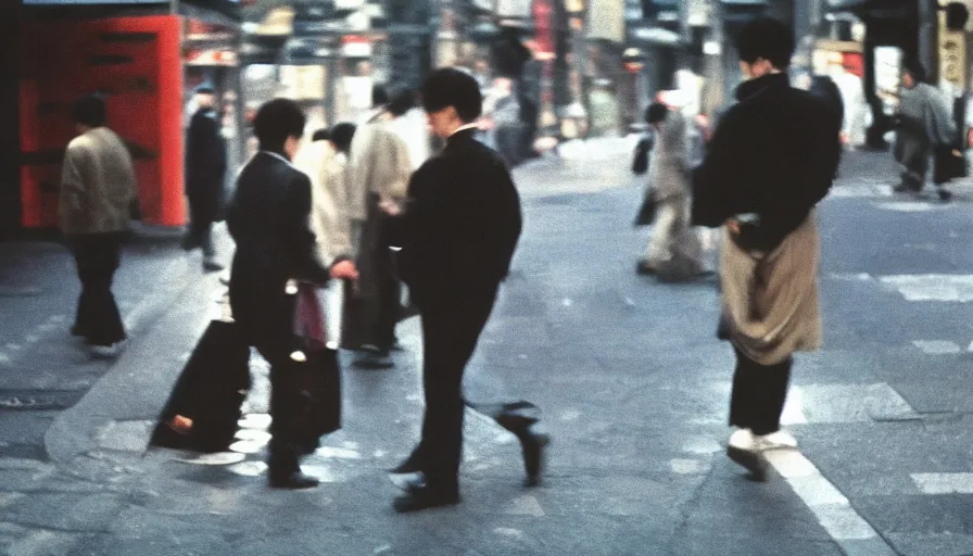 Image similar to masterful street photography by haruto hoshi and yang seung woo and saul leiter, people in tokyo japan, film grain, full color, shot on kodak gold with a canon 3 5 mm lens aperture f / 5. 6, hyperrealistic