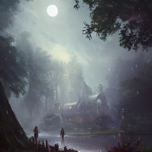 Image similar to a hidden village in the trees, victorian setting, dramatic light, clouds, moon, storm, night, high detail, fantasy background, painted by greg rutkowski, digital art, trending on artstation