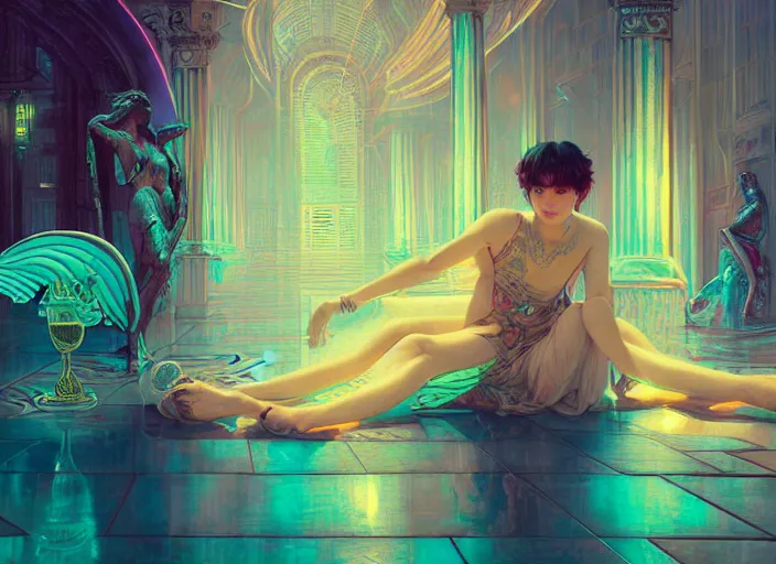 Prompt: harmony of greek statues background, mute, neon lights, neon wings, floor tiles, absinthe ( portrait of bts jimin blood sweat & tears ) by wlop, james jean, victo ngai, beautifully lit, muted colors, highly detailed, fantasy art by craig mullins, thomas kinkade