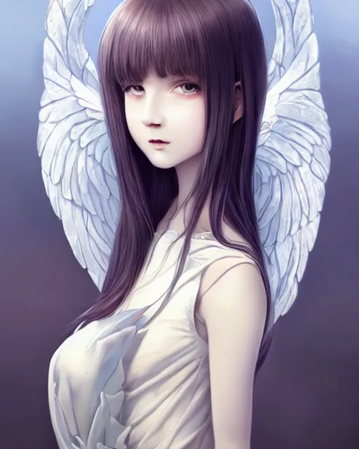 Image similar to an infinitely detailed portrait of a frail and pale female peace angel elegantly. fully - clothed full - body, beautiful! scenery art!! coherent! by wlop & murata range, by ilya kuvshinov. victorian armor trim, cold color palette, artstation / pixiv!! elegantly armored angel portrait full - body, dreamy art