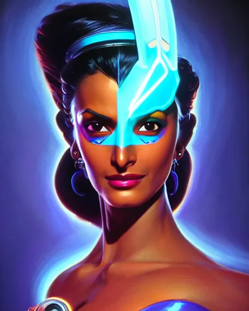 Image similar to symmetra from overwatch, elegant, confident, smug, strong, colorful, fantasy, fantasy art, character portrait, portrait, close up, highly detailed, intricate detail, amazing detail, sharp focus, vintage fantasy art, vintage sci - fi art, radiant light, caustics, by boris vallejo