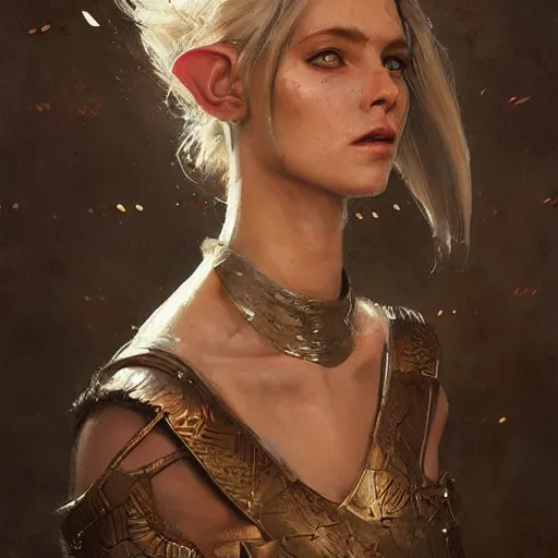 Prompt: A detailed oil portrait of an elf woman with small horns of copper and copper dragon scales covering her arm and neck wearing a simple white robe, by greg rutkowski, trending on artstation, dungeon and dragons art