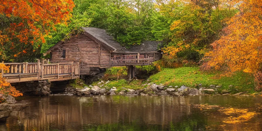 Prompt: a wooden cottage by the river with a bridge connecting to it, portrait, highly detailed, autumn, falling leaves, cozy, 8 k,