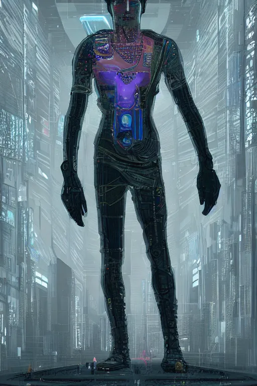 Image similar to full body portrait of a cyberpunk inspired by william gibsons neuromancer, the sprawl, ultrafine detail, digital concept art, masterpiece!!!