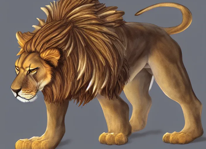 Image similar to fullbody feral egyptian lion character design of an egyptian lion. egyptian lion deviantart adoptable, style of maple story and zootopia, disney portrait studio lighting by jessica rossier and brian froud in the style of disney, traditional