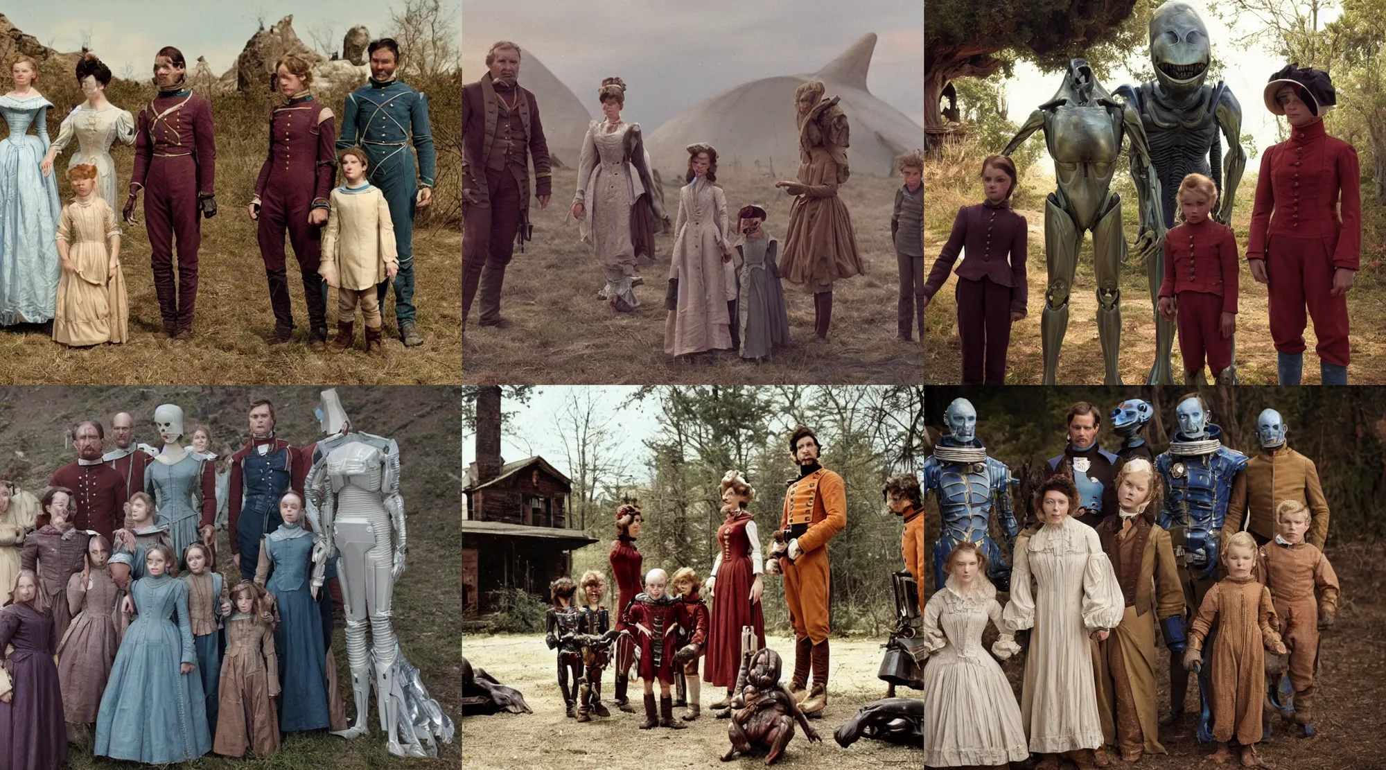 Prompt: sharp, 70mm still from a sci fi blockbuster color movie made in 2022, set in 1860, of a family leaving a spaceship that has just landed on an alien planet, a humanoid alien creature stands nearby, the family are wearing 1850s era clothes, 4k, in focus, perfect faces, extremely good quality lighting, good quality photography, a list cast, famous actors, famous actresses, oscar winner