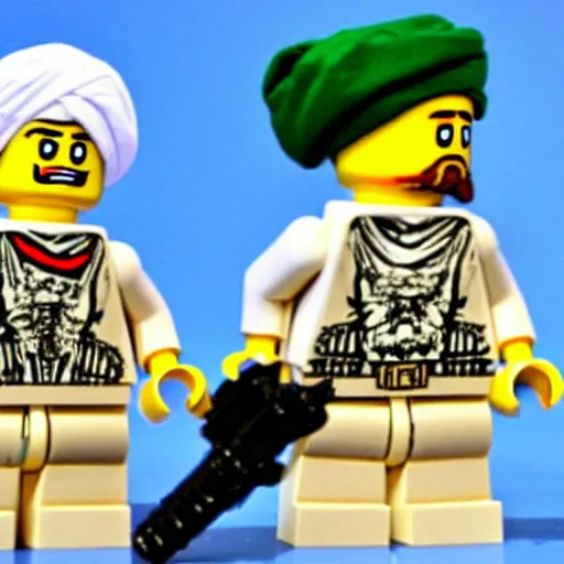 Image similar to lego set of osama bin laden wearing a white turban holding an rpg in afghanistan desert