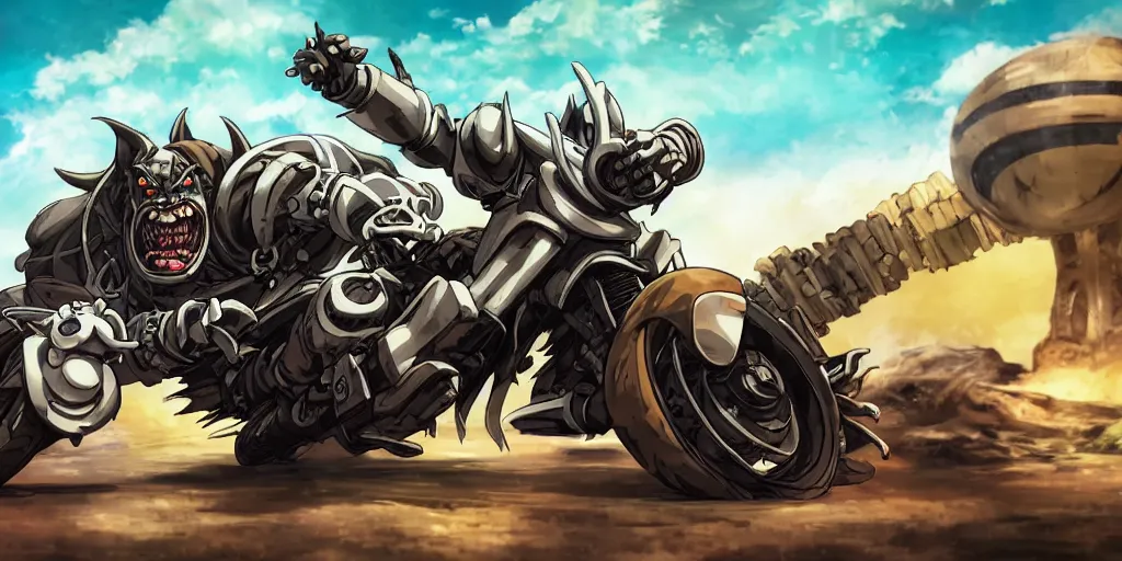 Image similar to high quality anime movie still, motorcycle, stylized action shot of an orc popping a wheelie on a motorcycle, menacing orc, clear focused details, soft airbrushed artwork, black background, apocalyptic, studio ghibli, miyazaki, anime style