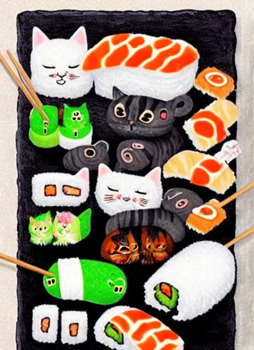 Image similar to clear photorealistic picture of adorable cats made out of sushi