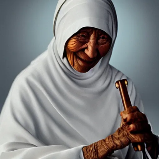 Prompt: hyperrealistic hdr photography of mother theresa playing beatsabre.