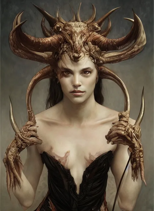 Image similar to half demon half human intricate skin ivory plastic, elegant, peaceful, full body, horns, hyper realistic, extremely detailed, dnd character art portrait, fantasy art, intricate fantasy painting, dramatic lighting, vivid colors, deviant art, artstation, by edgar maxence and caravaggio and michael whelan and delacroix.