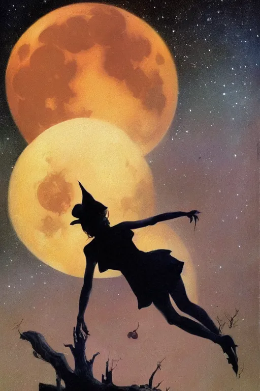 Prompt: portrait of a young witch sitting on the ground with a full moon in the sky overhead, highly detailed, by frank frazetta and boris vallejo