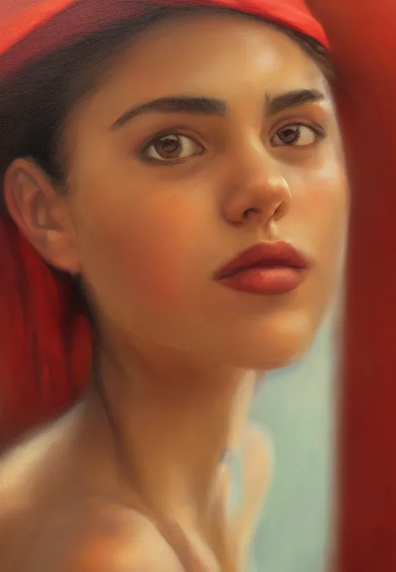 Image similar to a portrait of a beautiful cuban girl, market setting, warm colors, soft lighting, atmospheric, cinematic, moody, in the style of diego koi, gina heyer, luiz escanuela, art by alyssa monk, hyperrealism, rule of thirds, oil on canvas, 8 k