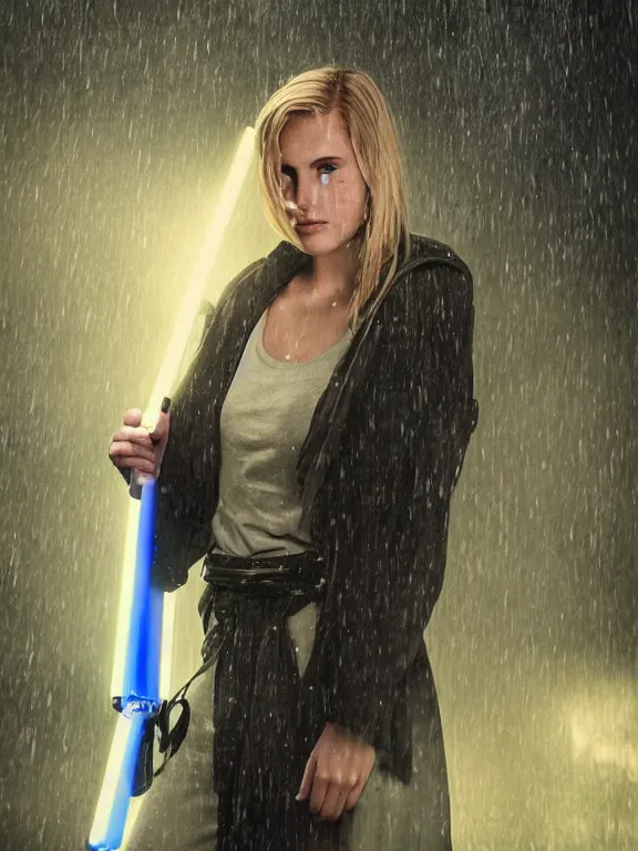 Prompt: cute model annie leonhart holding a lightsaber, beautiful face, detailed face, realistic eyes, cinematic lighting, rainy weather, melancholy atmosphere, volumetric light, realistic reflections, model agency, instagram photo, shot on sony a 7 iii, beauty filter, postprocessing