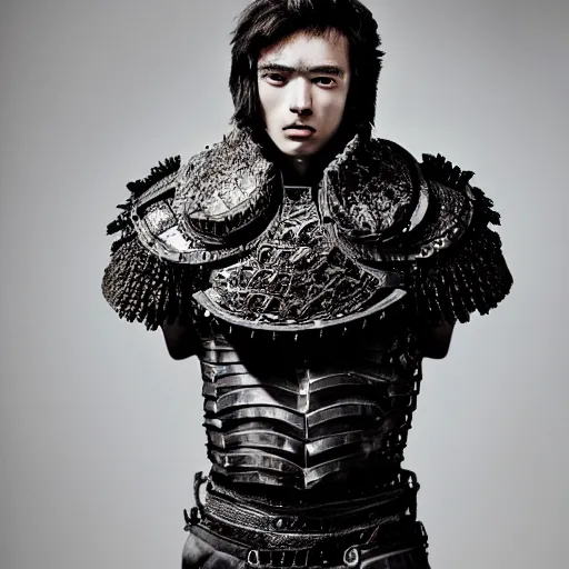 Image similar to a portrait of a beautiful young male wearing an alexander mcqueen armor made of ashes , photographed by andrew thomas huang, artistic