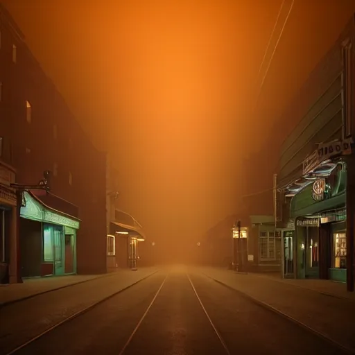 Image similar to A stunningly beautiful award-winning 8K high angle from 2nd floor cinematic movie photograph looking down diagonally across a spooky dark very foggy empty lightless moonlit main street intersection in an abandoned 1950s small town at night. perfect composition, moody low key backlit. Color palette from Seven, greens yellows and reds. 2 point perspective. Octane render