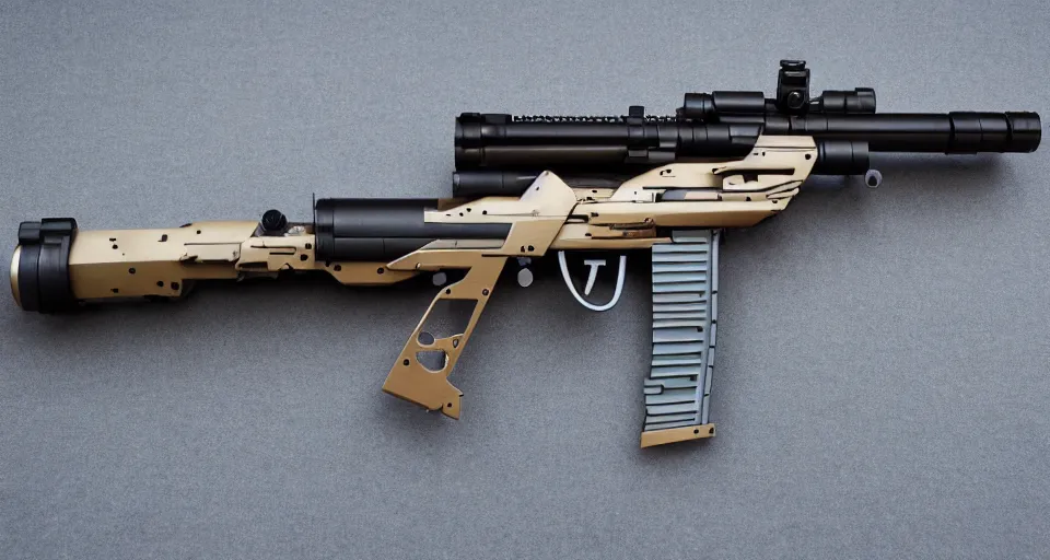 Image similar to extremely detailed ultra realistic photographic side view retro vintage sci fi hyper minimalist bullpup laser sniper rifle, detailed trigger, chemically propelled, laser, steel wood accents, intricate detail, elegant sleek smooth body, railgun, chemrail, gauss, smooth utopian design, ultra high quality, octane, cod, elysium, warframe, terminator