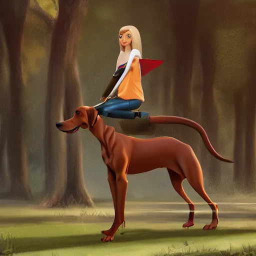 Image similar to girl riding a giant doberman in the park, trending on artstation