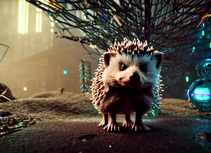 Image similar to intricate hedgehog with optic fibers instead of needles, on the background of a weird magical mechanical forest. Very detailed 8k. Fantasy cyberpunk horror. Sharp. Cinematic post-processing. Unreal engine. Nanite. Ray tracing. Parallax. Tessellation