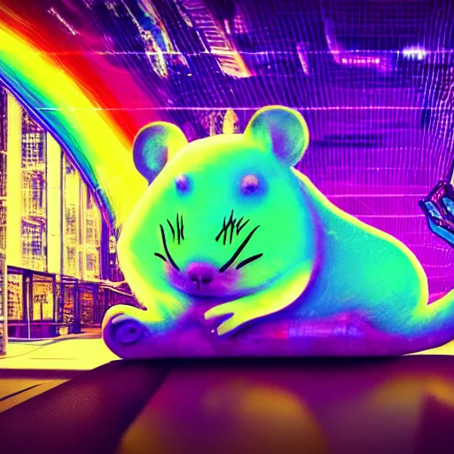 Prompt: rainbow hamster! in a cyberpunk! city, neon lights, light reflection, logo, 8 k, hd