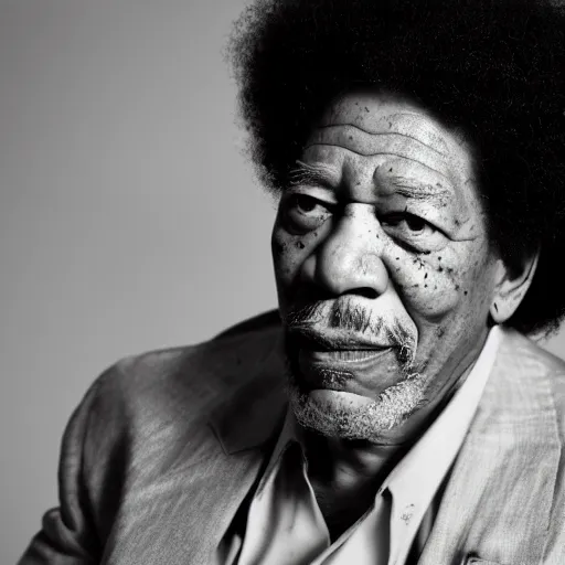Prompt: a noir film still of Morgan Freeman starring as Jimi Hendrix, shallow depth of field, close up, 40mm