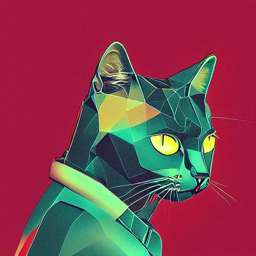 Image similar to high quality photo of cat, digital art, polygonal art, cyberpunk, synthwave