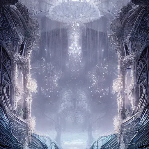 Prompt: under an white intricate like lace epic forest suspended in the air upside down, a white pool with intricate epic circles of water within floating female robots, dressed in intricate veils and jewels, and an intricate mythological underwater city, epic environment, matte painting, diffused lighting, highly detailed, cinematic, epic atmosphere, digital art, trending on artstation, wide angle
