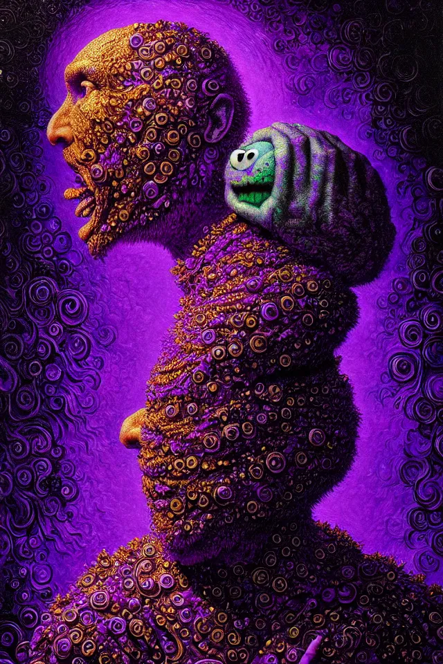 Prompt: bizarre purple blacklight detailed renaissance portrait of cookie monster as a highly detailed realistic real life person, dramatic cinematic lighting, 8 k, beautiful intricate painting by james r eads and tomasz alen kopera