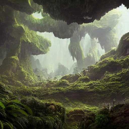 Image similar to photo an overgrown deep underground cave on another world embellished with a lush overgrown jungle of beautiful ancient alien trees, alien elvish cave village, scattered complex ancient monoliths emitting cosmic astral energy, nebula fog and cosmic mist, 4 k rtx hdr volume light concept studio matte painting environment octane, ue 5, photorealistic render trending on artstation by eytan zana