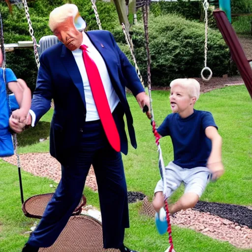 Prompt: Donald Trump pushing Jeffrey Epstein on a swing, playground full of happy children in the background, 4k