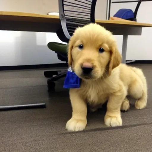 Prompt: golden retriever puppy working in an office, in the style of the office, dwight schrute, tv sitcom camera style,