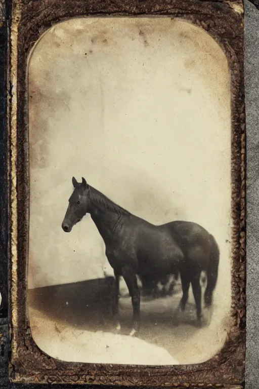 Image similar to a tintype photo of horse in a bed