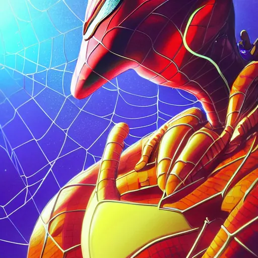 Image similar to spiderman with pink suit and yellow glowing eyes, and alien ears, anime cinema photorealistic beautiful cinematic world of chrono trigger in the style of studio ghibli. hyperdetailed photorealism, 1 0 8 megapixels, amazing depth, glowing rich colors, powerful imagery, psychedelic overtones, 3 d finalrender, 3 d shading, cinematic lighting, artstation concept art