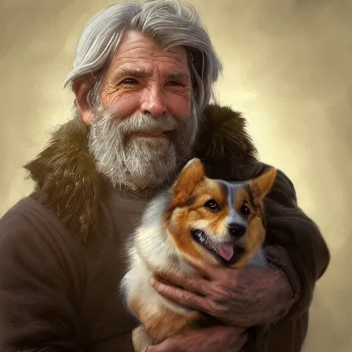 Image similar to portrait of a old, ruggedly handsome man holding a corgi dog, soft hair, muscular, half body, cloth, hairy, d & d, fantasy, intricate, elegant, highly detailed, digital painting, artstation, concept art, smooth, sharp focus, illustration, art by artgerm and greg rutkowski and alphonse mucha