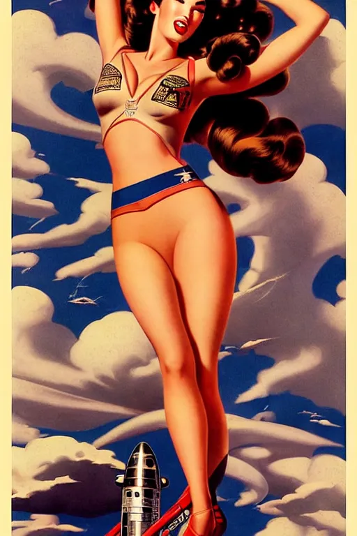 Image similar to beautiful megan fox retro space varga girl riding a rocket in a diesel punk city, windblown dark hair, retro pinup model, seductive, 1 9 4 0, glamour pose, intricate, smoke, hyper detailed, digital art, smooth, sharp focus, alberto vargas, gil elvgren, greg rutkowski