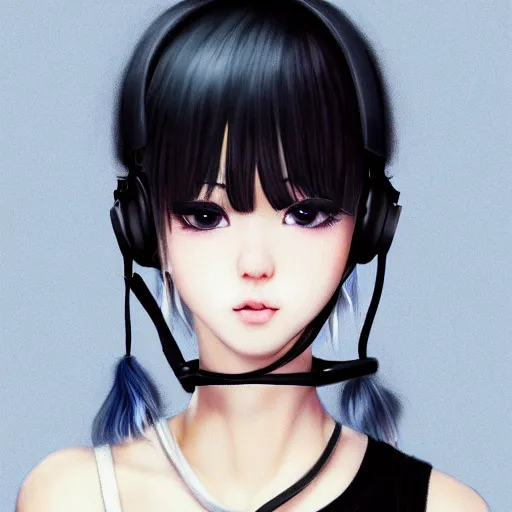 Image similar to realistic teasing detailed semirealism beautiful gorgeous cute Blackpink Lalisa Manoban white hair white cat ears blue eyes, wearing black camisole outfit, headphones, black leather choker full HD 4K high resolution quality WLOP, Aztodio, Taejune Kim, Guweiz, Pixiv, Instagram, Artstation