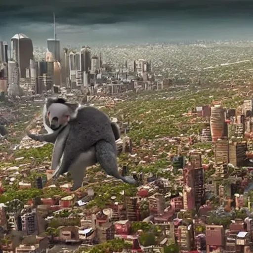 Prompt: gigantic 1 0 0 meters koala attacking a city, epic cinematic, 4 k, very high detail