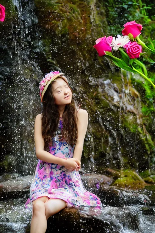 Prompt: girl in flower hat, flower dress, roses, lilies, waterfall cave, water drops, overhead light, japanese carp, 4 k, 8 k